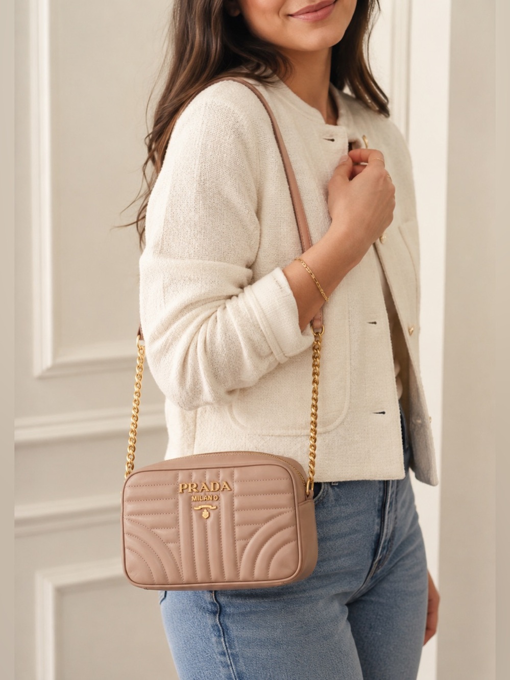 Prada Quilted Camera Crossbody with Gold Hardware